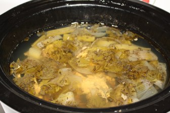 Broth after 4 hours of simmering in crockpot